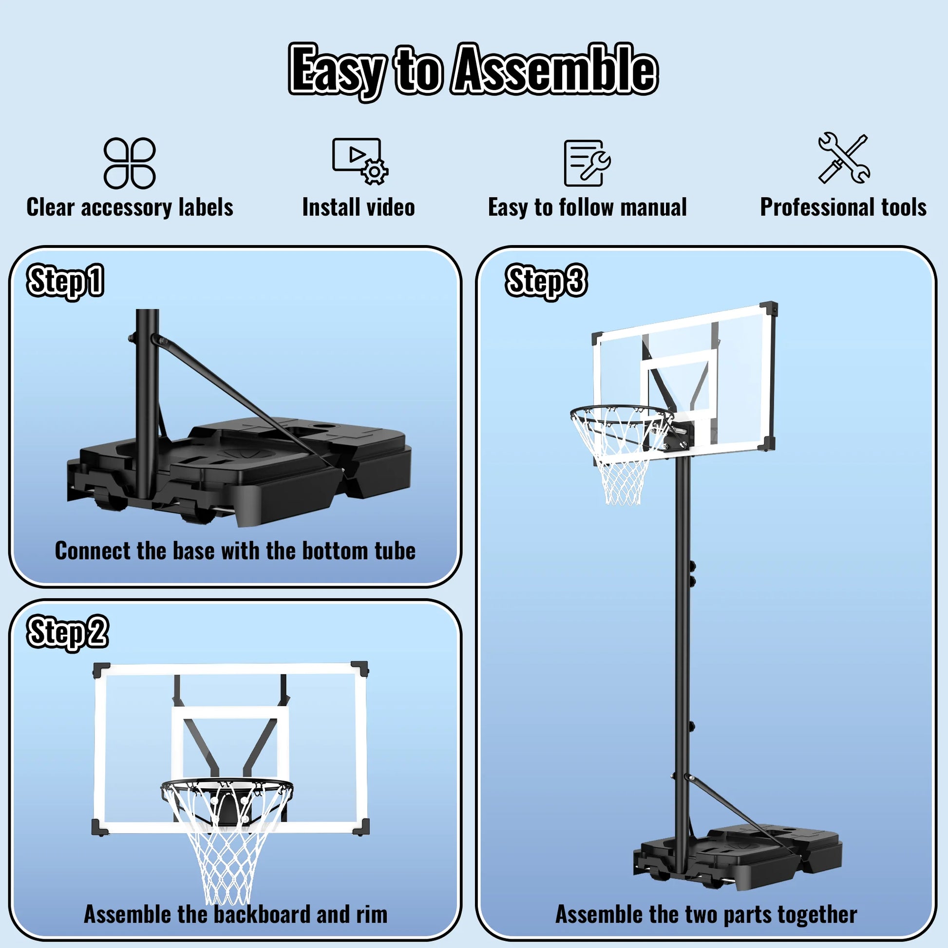 44" Portable Basketball Hoop System, 4.4-10 Ft Height Adjustable Basketball Goal System with Wheels and Shatterproof Backboard and Large Base for Adults Kids Outdoor Indoor Court