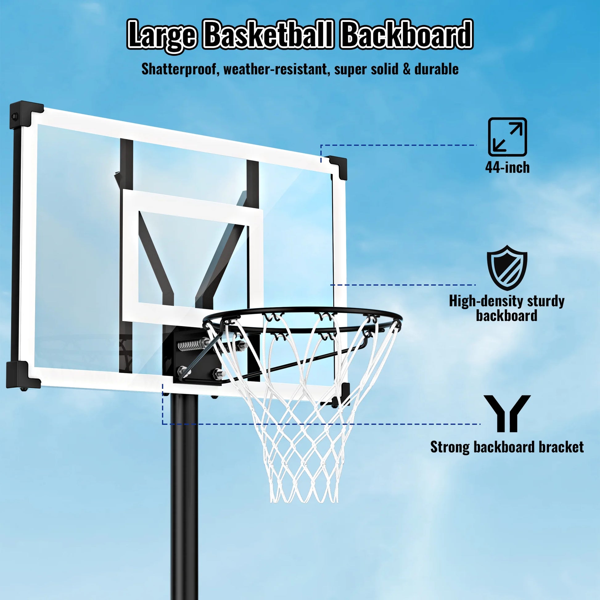 44" Portable Basketball Hoop System, 4.4-10 Ft Height Adjustable Basketball Goal System with Wheels and Shatterproof Backboard and Large Base for Adults Kids Outdoor Indoor Court