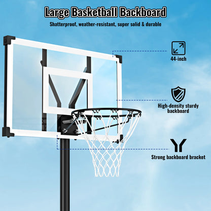 44" Portable Basketball Hoop System, 4.4-10 Ft Height Adjustable Basketball Goal System with Wheels and Shatterproof Backboard and Large Base for Adults Kids Outdoor Indoor Court