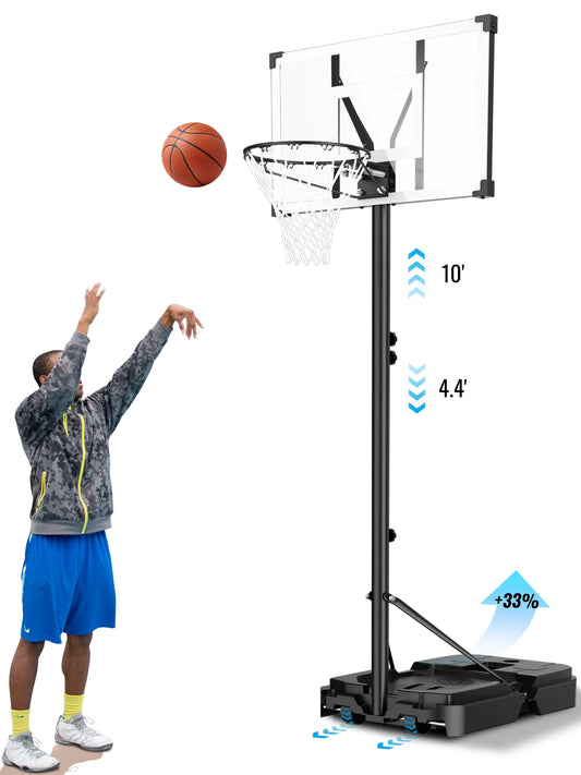 44" Portable Basketball Hoop System, 4.4-10 Ft Height Adjustable Basketball Goal System with Wheels and Shatterproof Backboard and Large Base for Adults Kids Outdoor Indoor Court